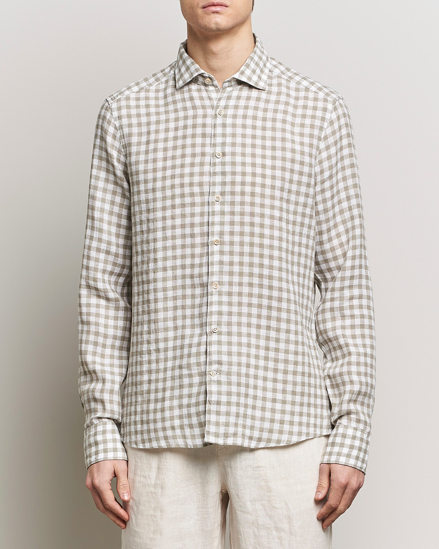 Homme | Chemises | Stenströms | Slimline Cut Away Checked Linen Shirt Light Grey