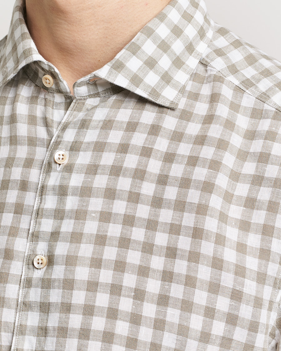 Homme | Chemises | Stenströms | Slimline Cut Away Checked Linen Shirt Light Grey