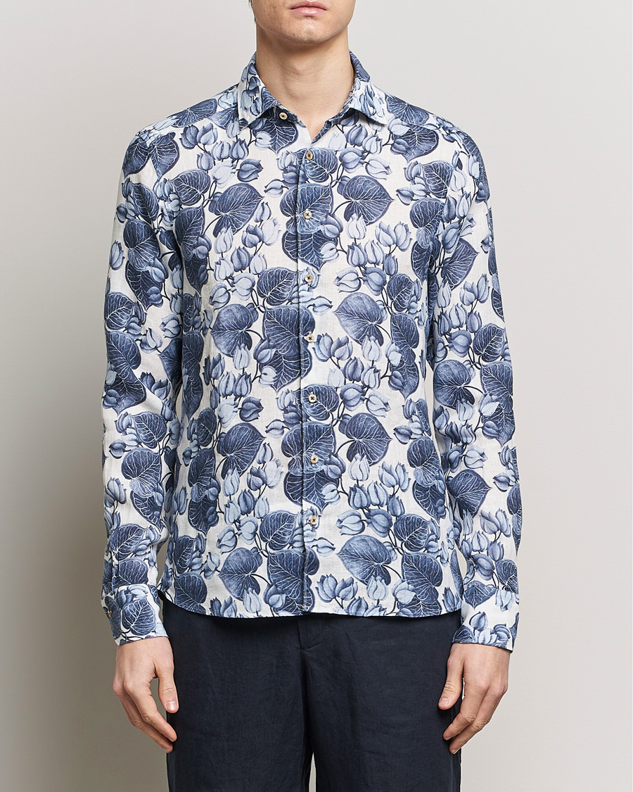 Homme | Chemises En Lin | Stenströms | Slimline Cut Away Printed Flower Linen Shirt Blue
