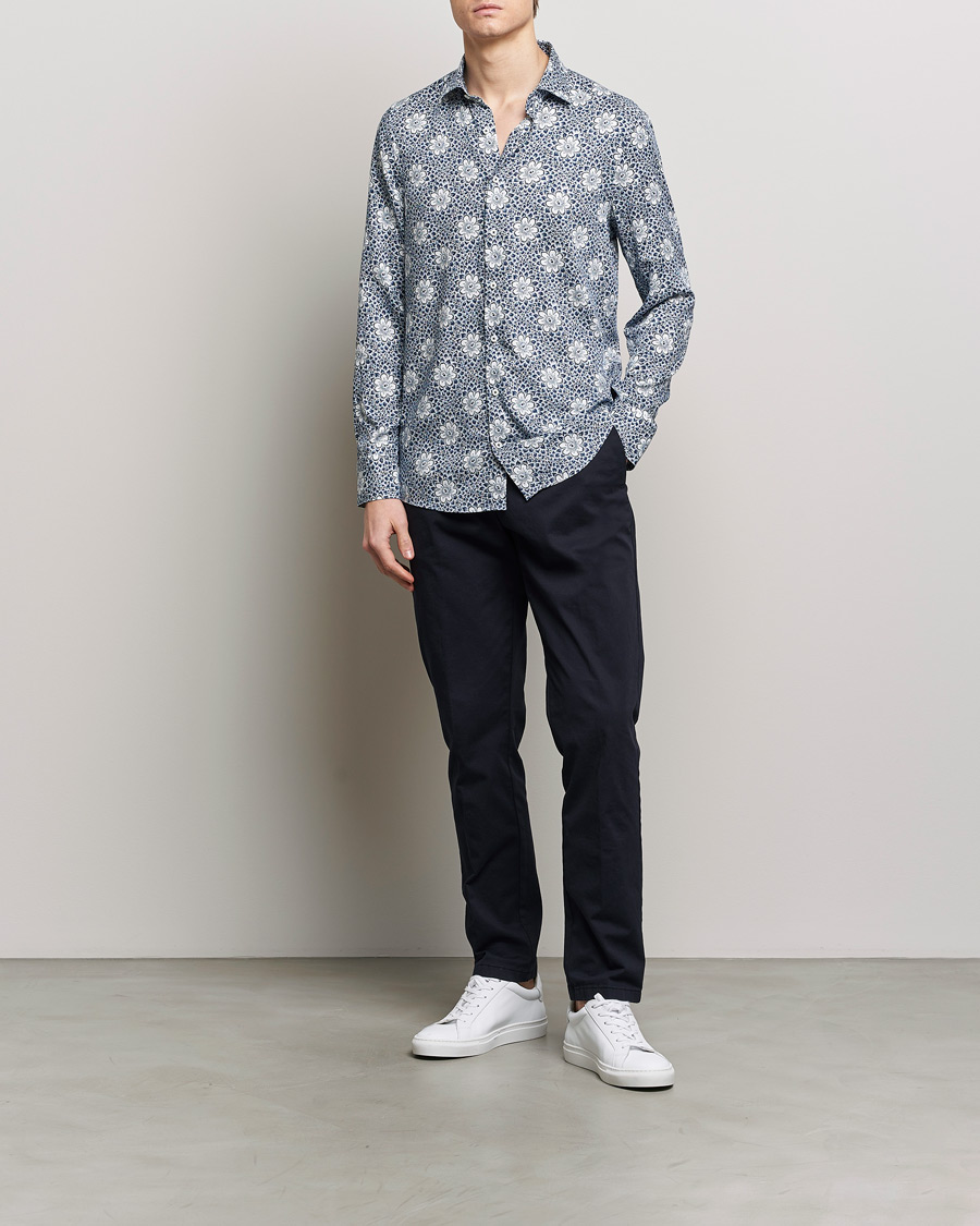Homme | Chemises | Stenströms | Slimline Cut Away Printed Viscose Shirt Blue