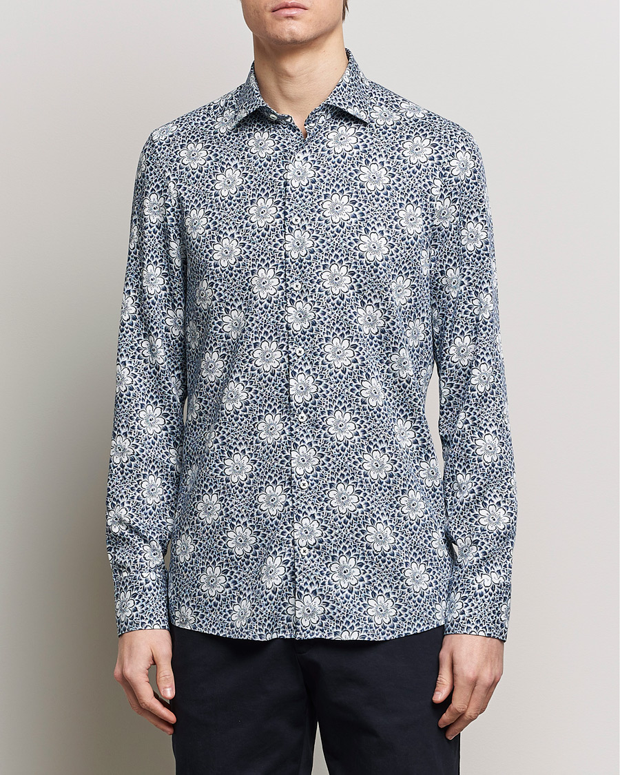 Homme | Chemises | Stenströms | Slimline Cut Away Printed Viscose Shirt Blue