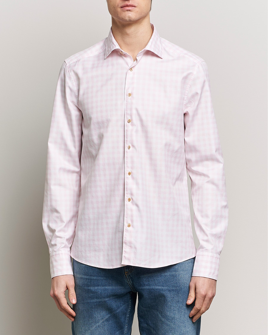 Homme | Chemises Décontractées | Stenströms | Slimline Checked Washed Cotton Shirt Pink
