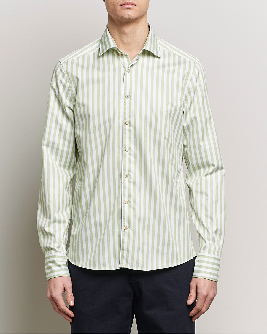 Homme | Chemises Décontractées | Stenströms | Slimline Large Stripe Washed Cotton Shirt Green