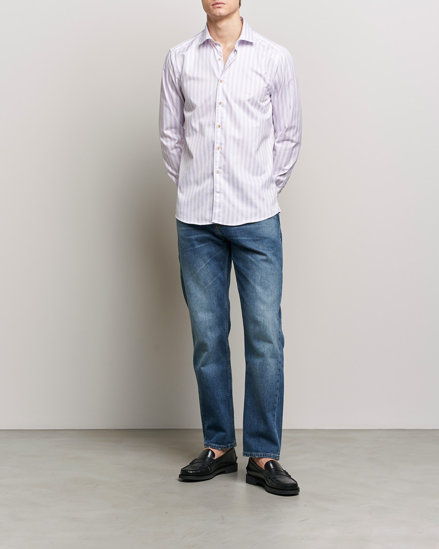 Homme | Chemises | Stenströms | Slimline Large Stripe Washed Cotton Shirt Purple