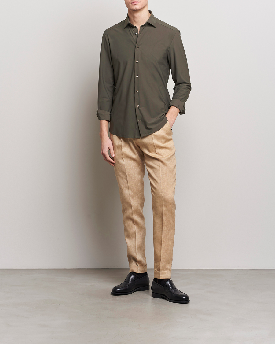 Homme | Chemises | Stenströms | Slimline Cut Away 4-Way Stretch Shirt Dark Green