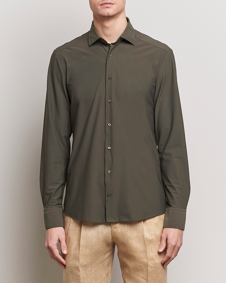 Homme | Chemises | Stenströms | Slimline Cut Away 4-Way Stretch Shirt Dark Green