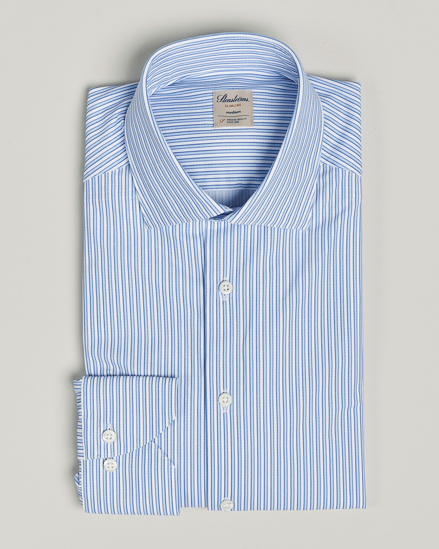 Homme | Chemises | Stenströms | Slimline Striped Cut Away 4-Way Stretch Shirt Blue