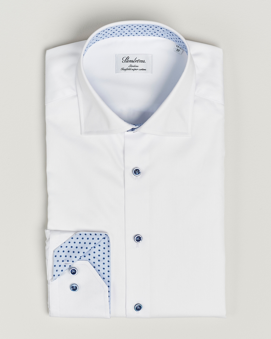 Homme | Chemises | Stenströms | Slimline Cut Away Print Contrast Shirt White