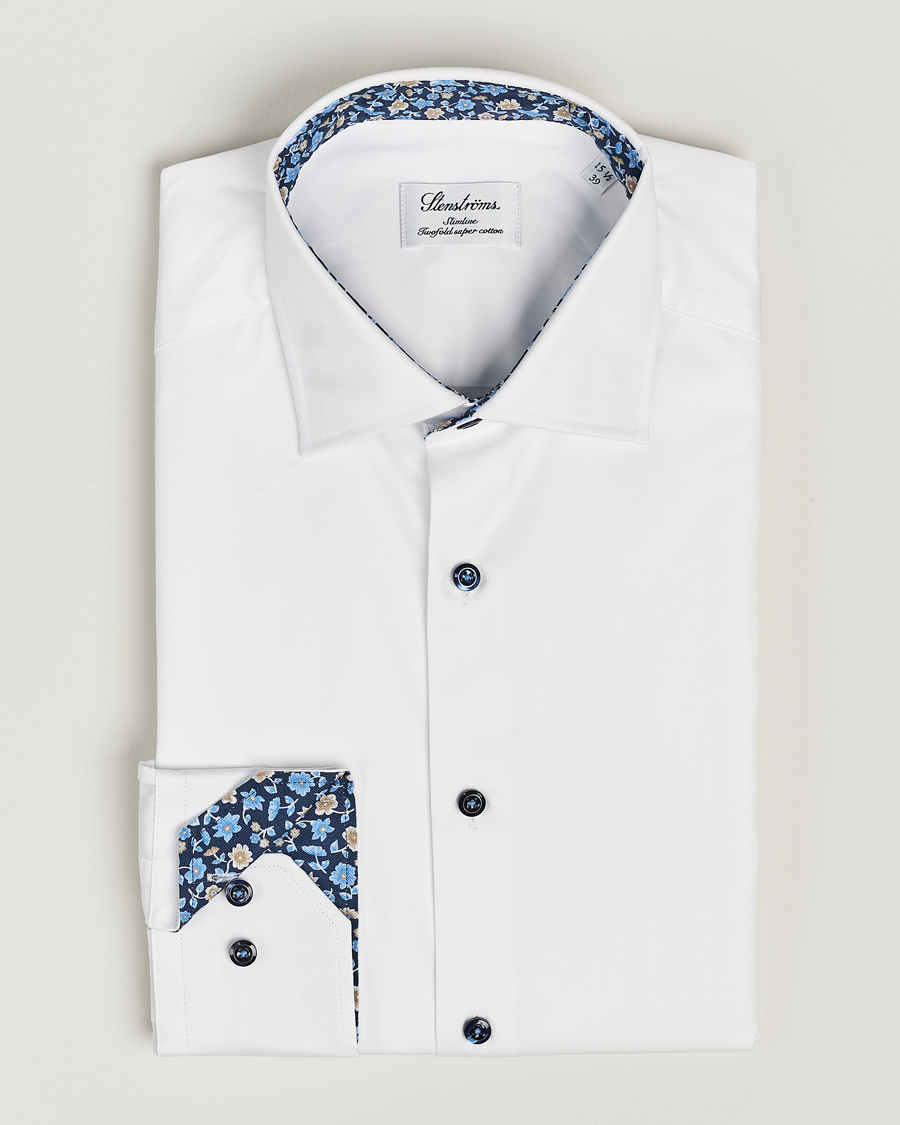 Homme | Chemises | Stenströms | Slimline Cut Away Flower Contrast Shirt White