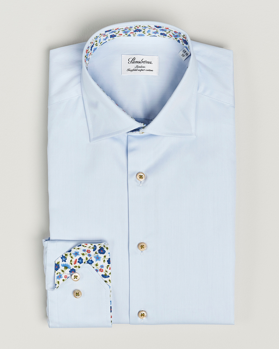 Homme | Chemises | Stenströms | Slimline Cut Away Flower Contrast Shirt Light Blue