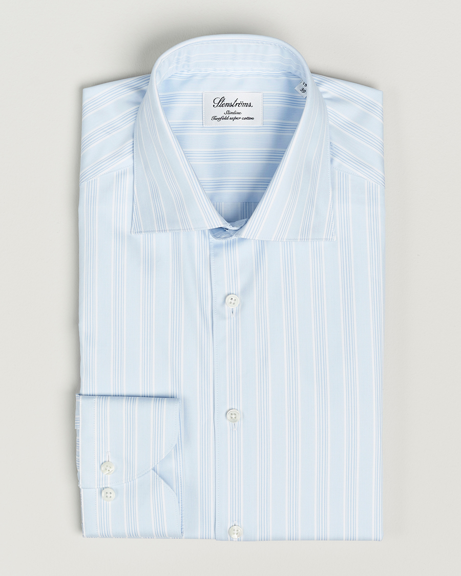 Homme | Chemises | Stenströms | Slimline Cut Away Multi Stripe Shirt Light Blue