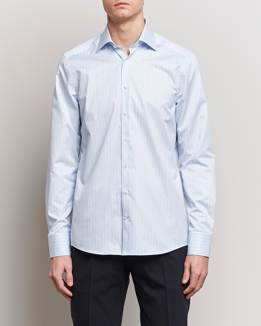 Homme | Chemises | Stenströms | Slimline Cut Away Multi Stripe Shirt Light Blue