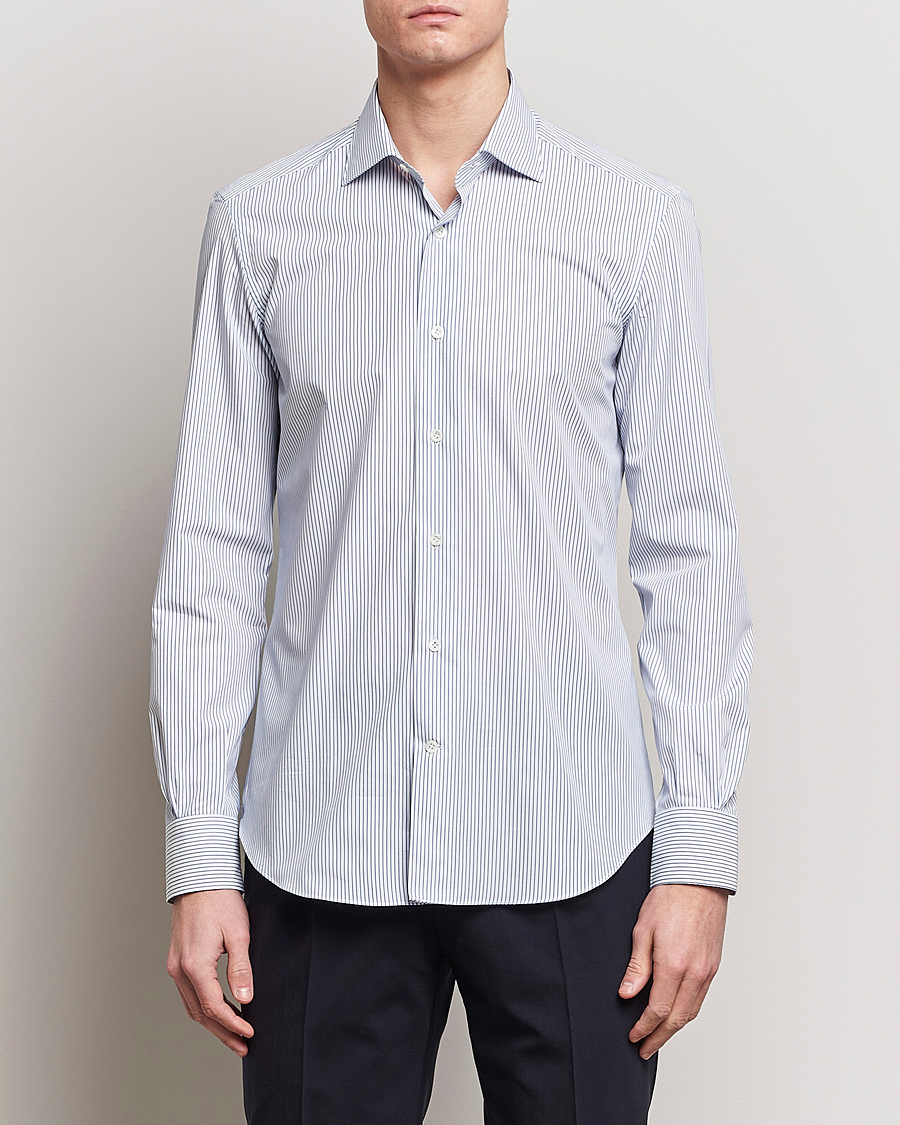 Homme | Chemises Décontractées | Mazzarelli | Soft Cotton Cut Away Shirt Blue Pinstripe