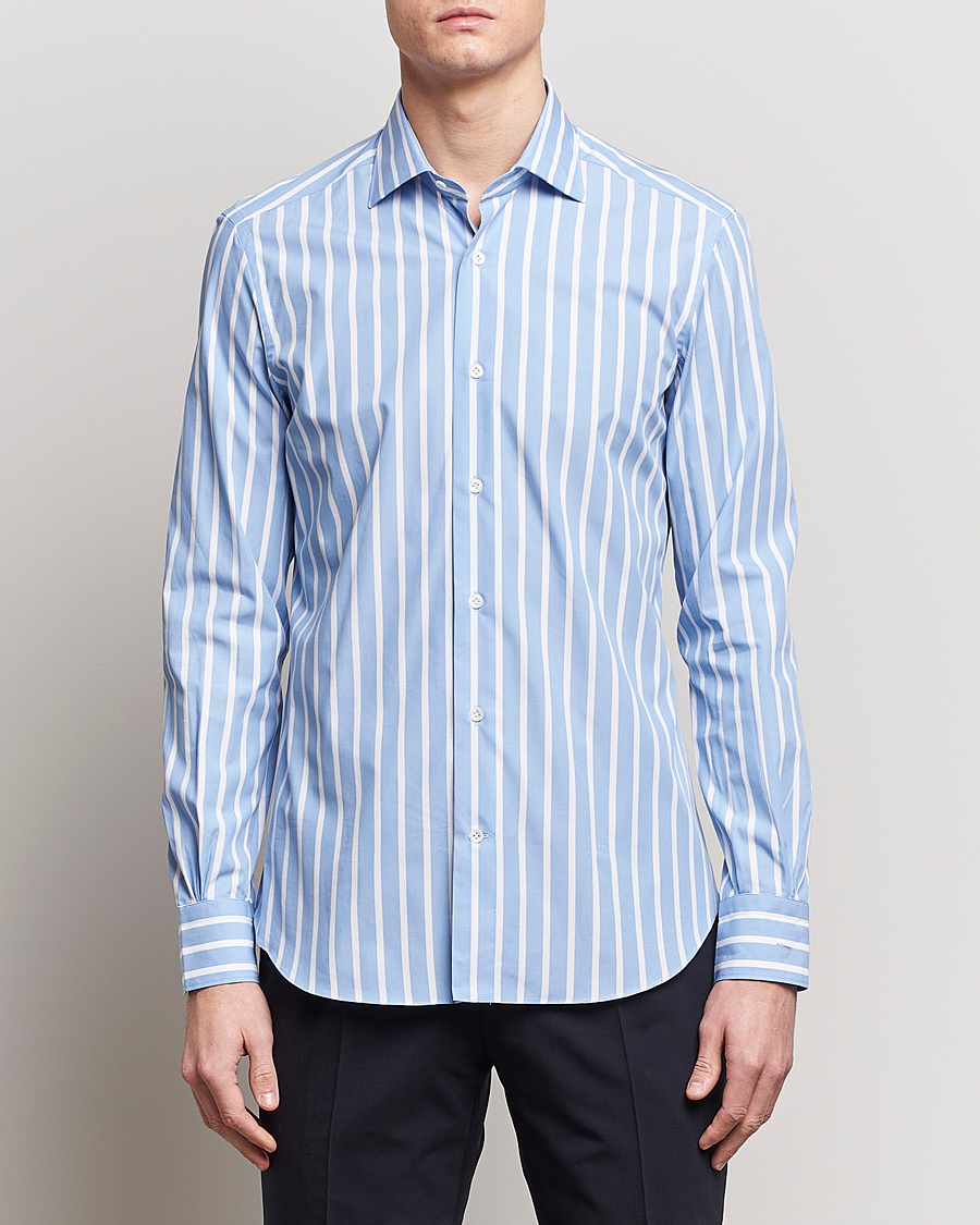 Homme | Chemises | Mazzarelli | Soft Cotton Cut Away Shirt Blue/White Stripe