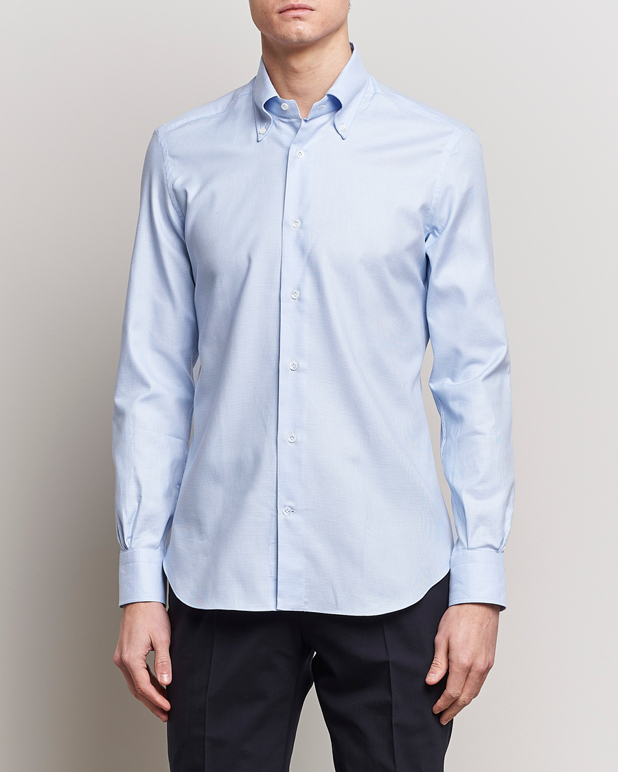 Homme | Chemises Décontractées | Mazzarelli | Soft Cotton Texture Button Down Shirt Light Blue
