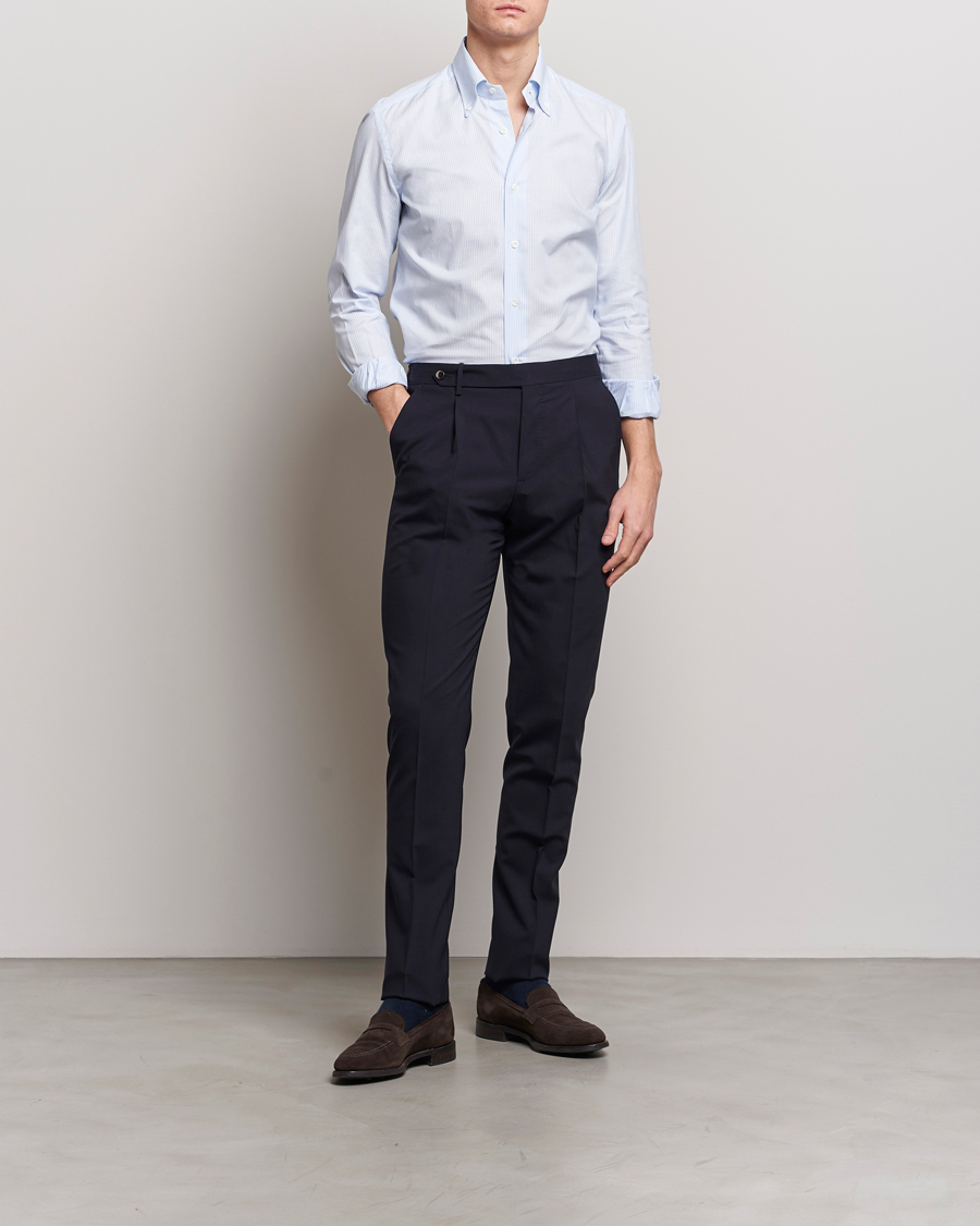 Homme | Chemises | Mazzarelli | Soft Oxford Button Down Shirt Light Blue Stripe