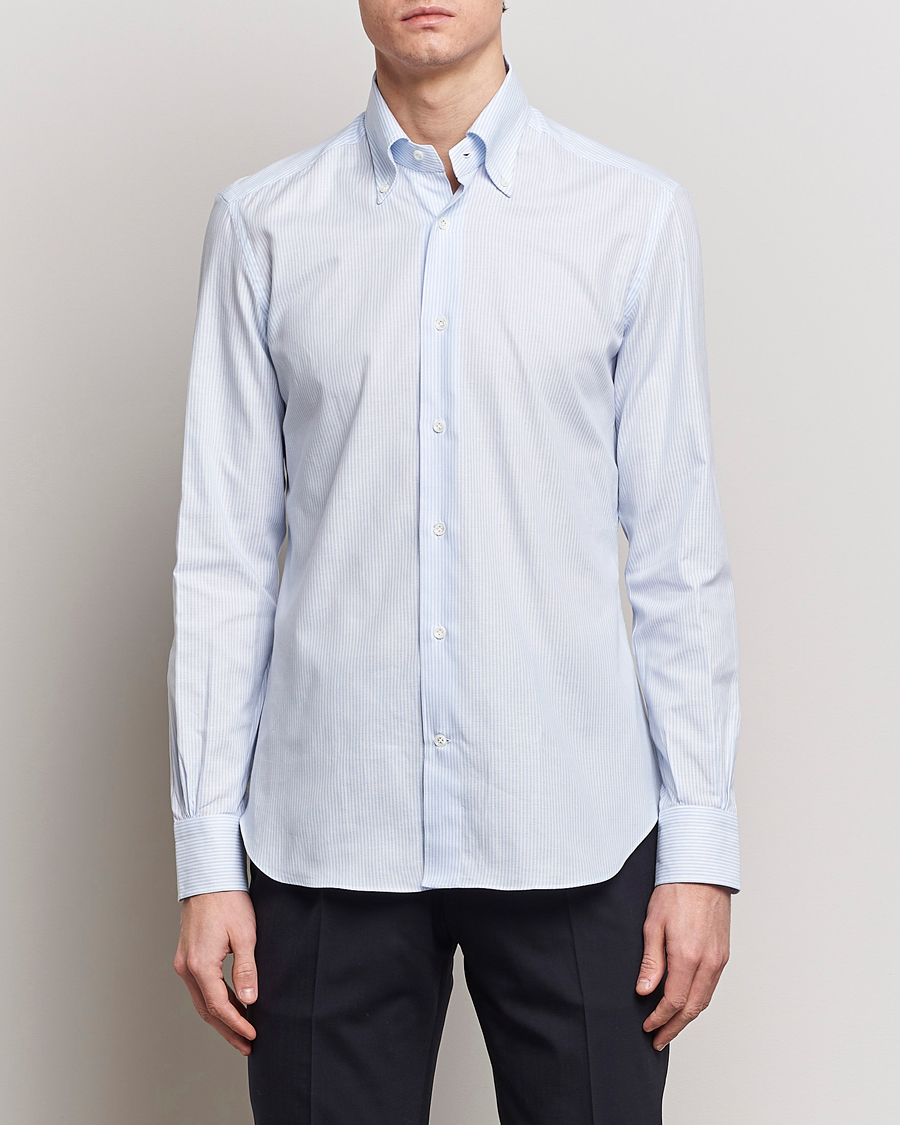 Homme | Chemises Oxford | Mazzarelli | Soft Oxford Button Down Shirt Light Blue Stripe