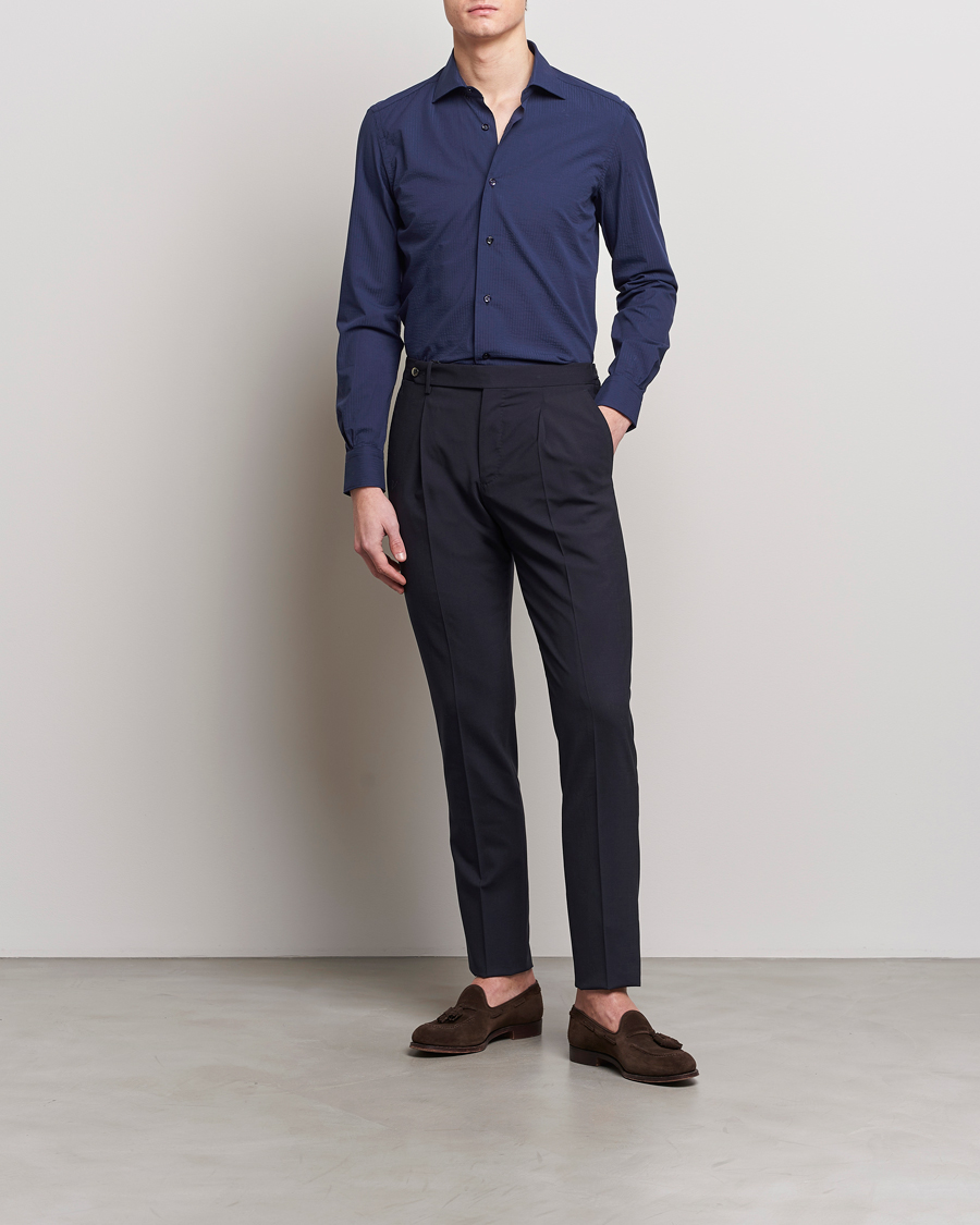 Homme | Chemises | Mazzarelli | Soft Tonal Seersucker Shirt Navy