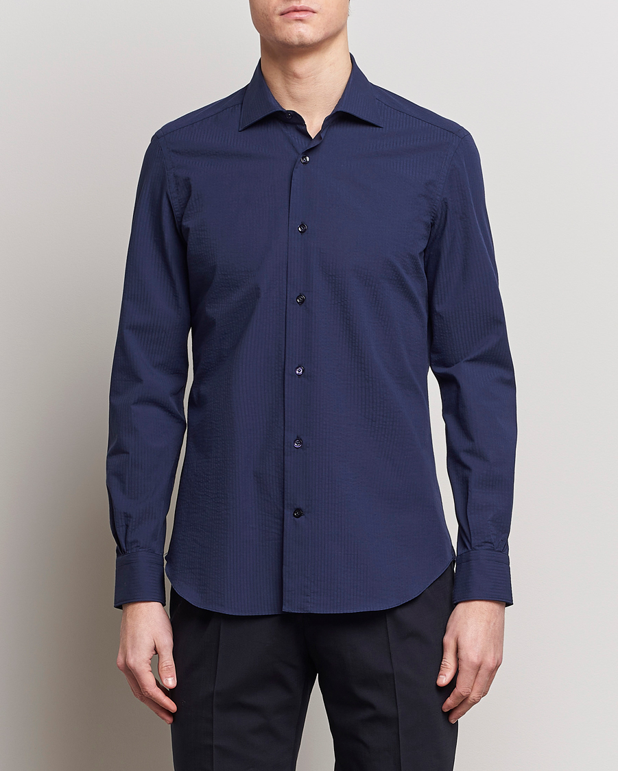 Homme | Chemises Décontractées | Mazzarelli | Soft Tonal Seersucker Shirt Navy