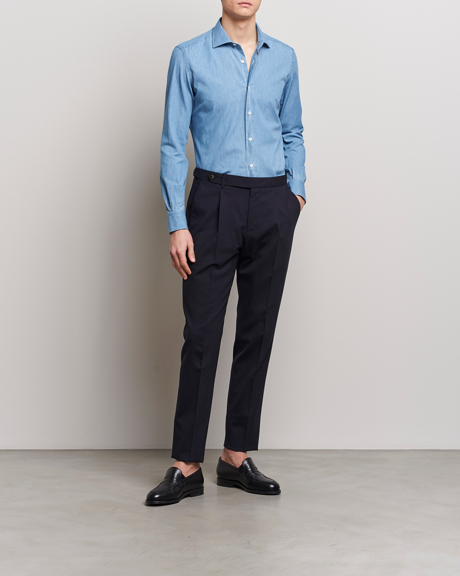 Homme | Chemises | Mazzarelli | Soft Cotton Denim Shirt Bleached Denim