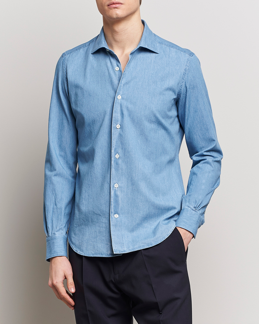 Homme | Chemises En Denim | Mazzarelli | Soft Cotton Denim Shirt Blue Wash