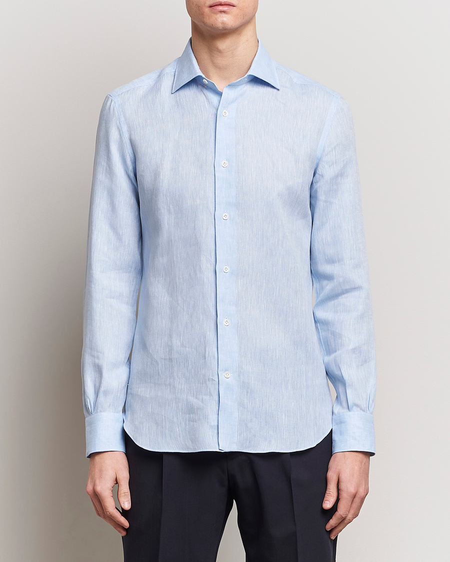 Homme |  | Mazzarelli | Soft Linen Cut Away Shirt Light Blue