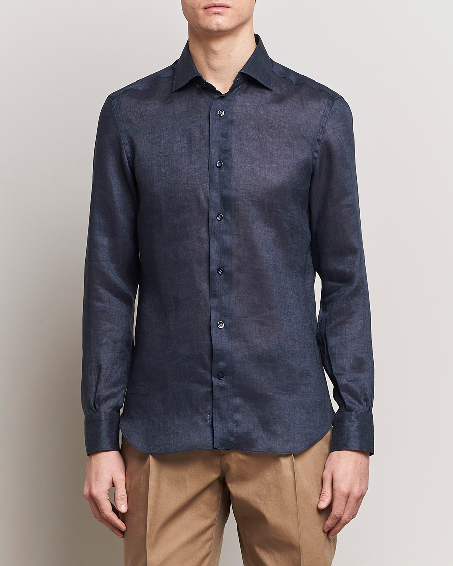 Homme | Chemises En Lin | Mazzarelli | Soft Linen Cut Away Shirt Navy