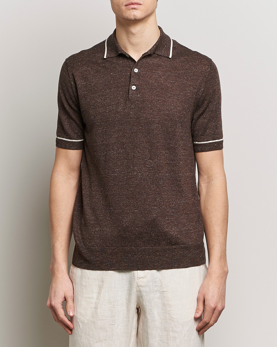 Homme | Polos | Altea | Linen/Cashmere Contrast Polo Dark Brown