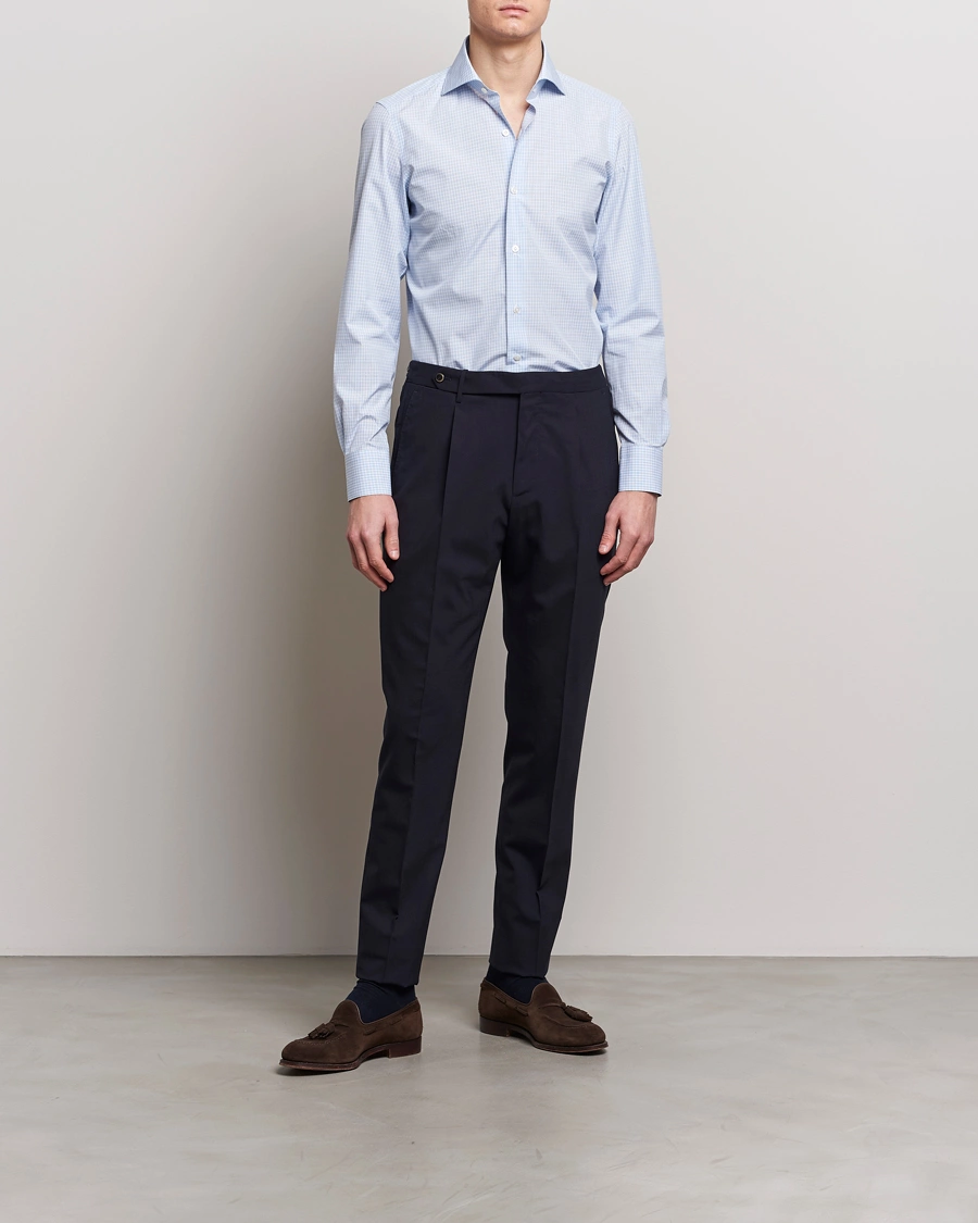 Homme | Chemises | Finamore Napoli | Milano Slim Checked Dress Shirt Light Blue