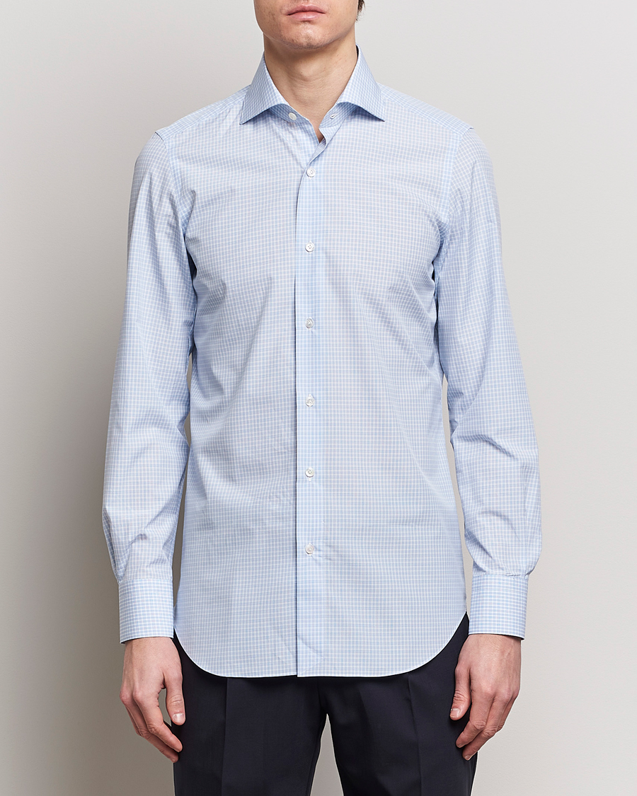 Homme | Chemises | Finamore Napoli | Milano Slim Checked Dress Shirt Light Blue