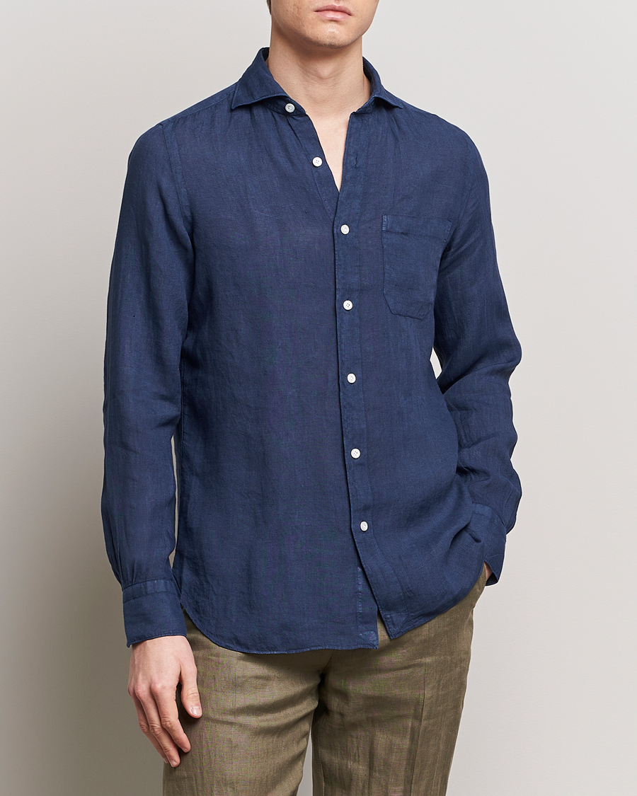Homme | Chemises En Lin | Finamore Napoli | Gaeta Linen Pocket Shirt Navy