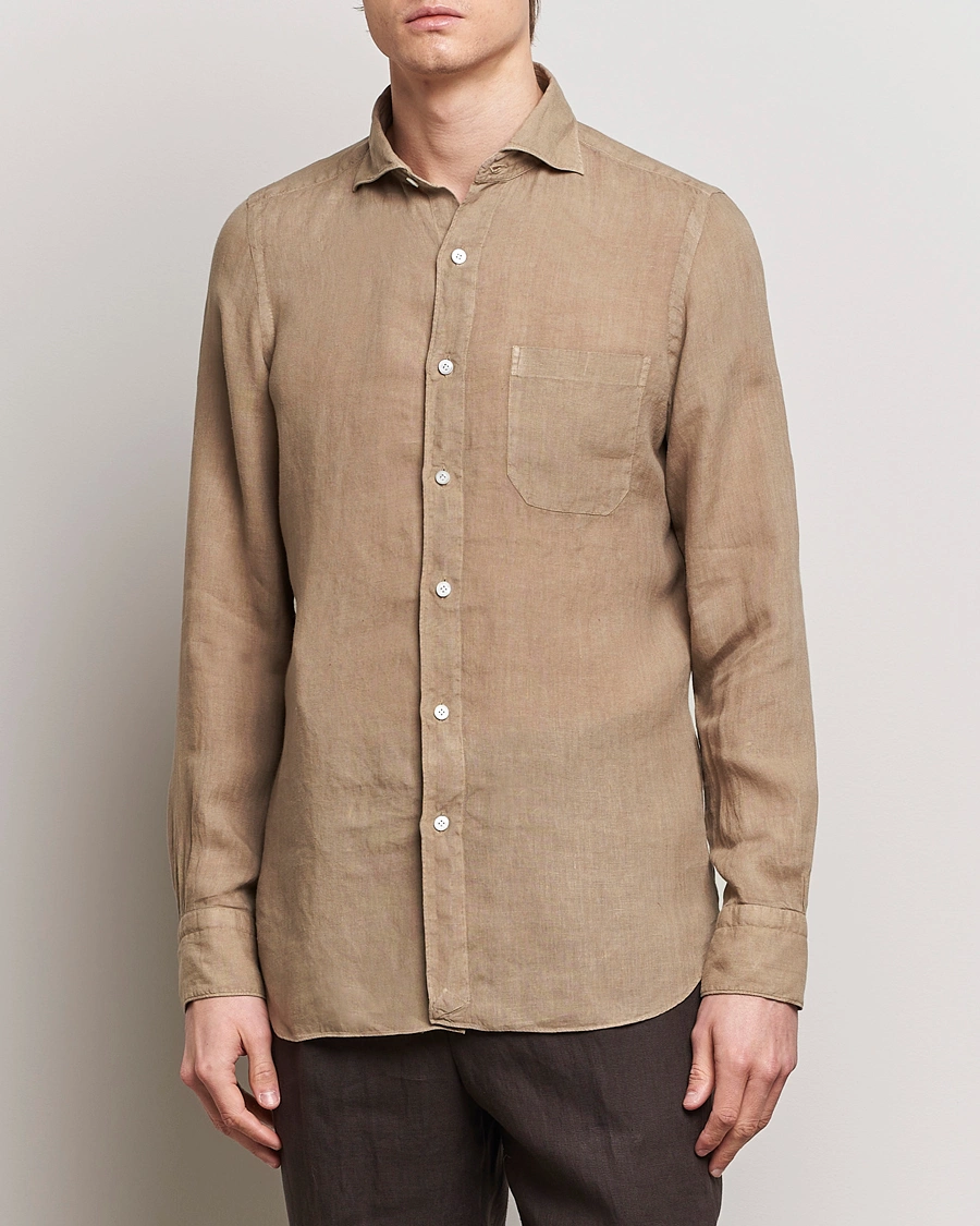 Homme | Chemises En Lin | Finamore Napoli | Gaeta Linen Pocket Shirt Taupe
