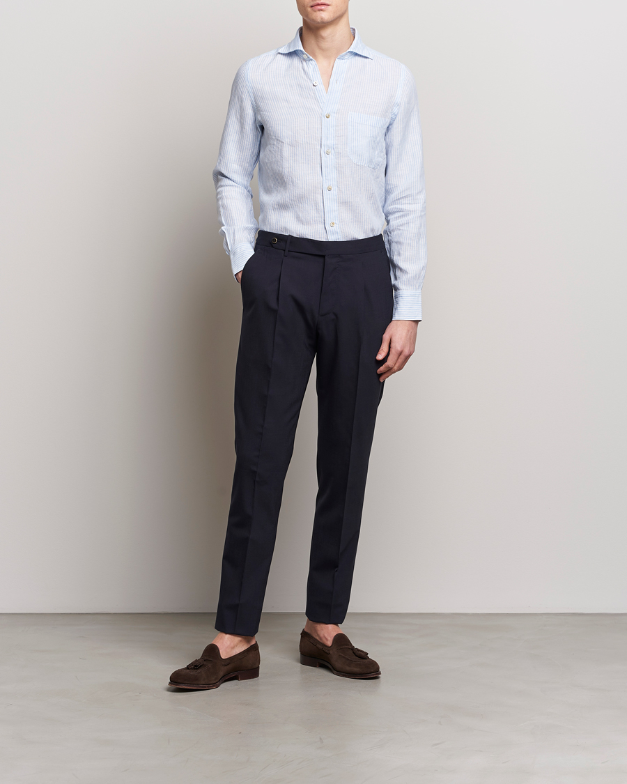 Homme | Chemises | Finamore Napoli | Gaeta Striped Linen Pocket Shirt Light Blue