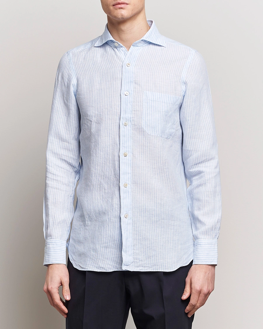Homme | Chemises En Lin | Finamore Napoli | Gaeta Striped Linen Pocket Shirt Light Blue