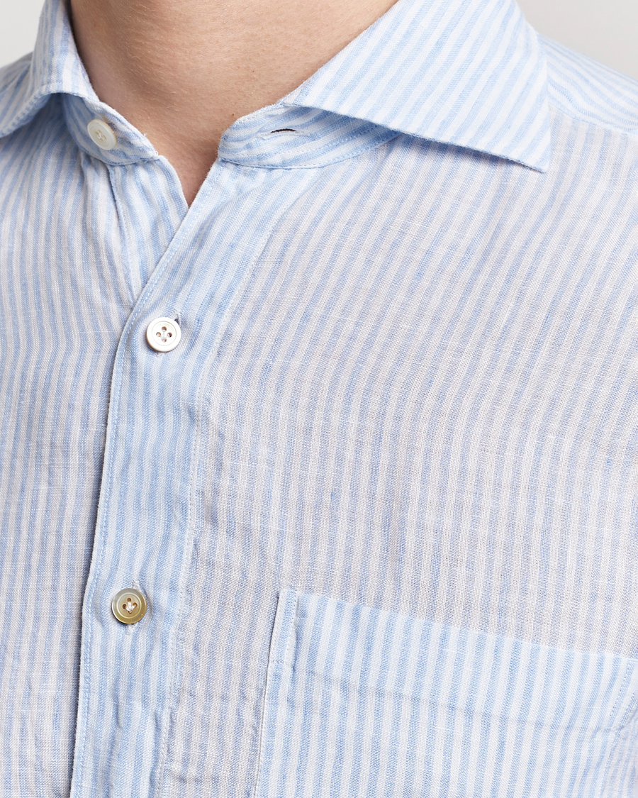 Homme | Chemises | Finamore Napoli | Gaeta Striped Linen Pocket Shirt Light Blue