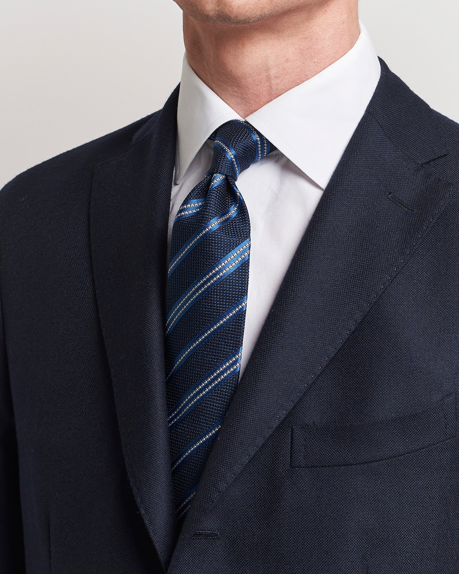Homme | Cravates | Finamore Napoli | Jacquard Regimental Stripe Silk Tie Navy/Blue