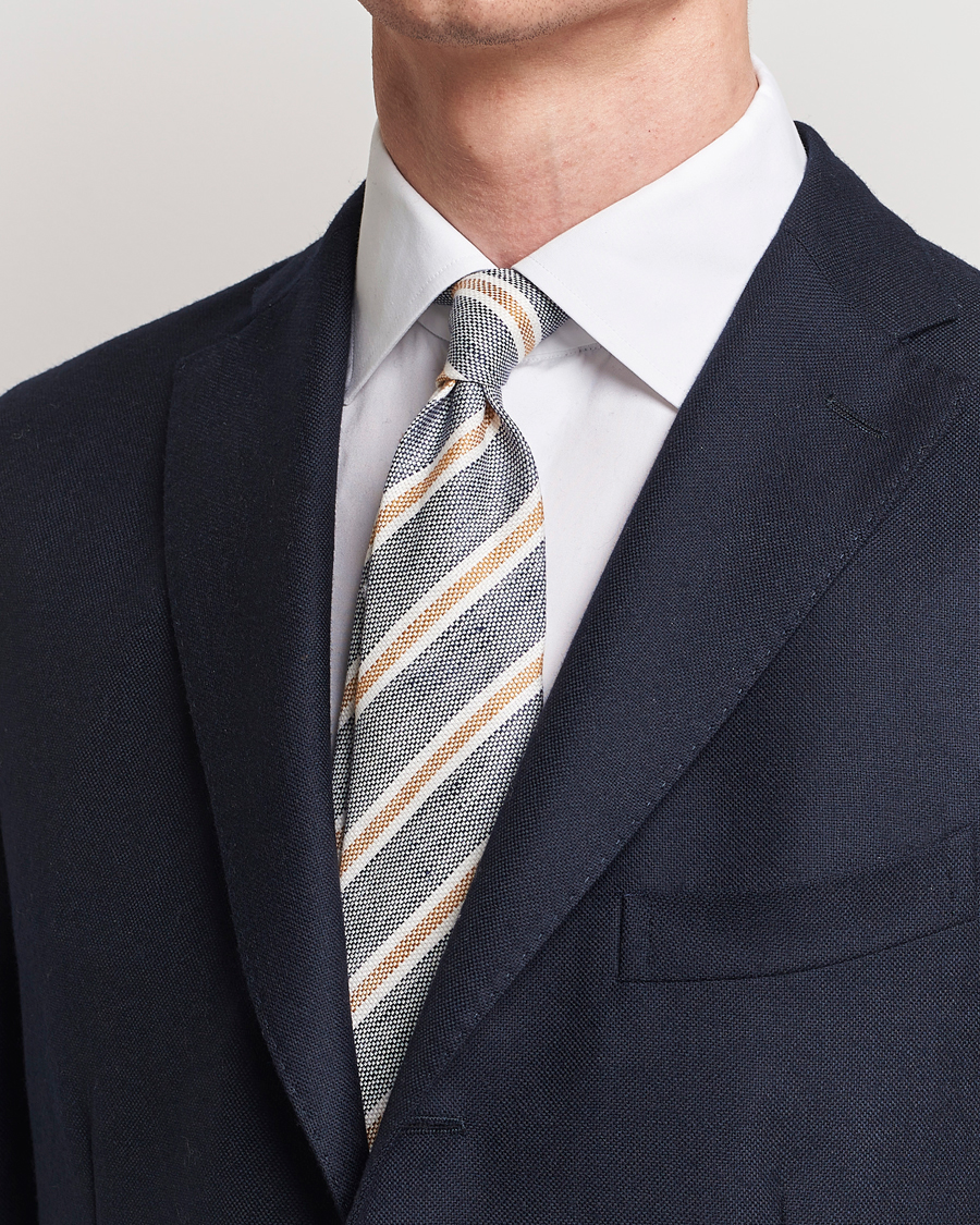 Homme | Cravates | Finamore Napoli | Regimental Stripe Linen Tie Navy/Beige