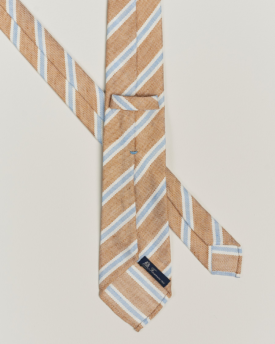 Homme | Finamore Napoli Regimental Stripe Linen Tie Beige/Blue | Finamore Napoli | Regimental Stripe Linen Tie Beige/Blue