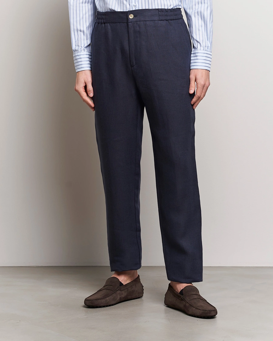 Men | Drawstring Trousers | Etro | Linen Drawstring Trousers Navy