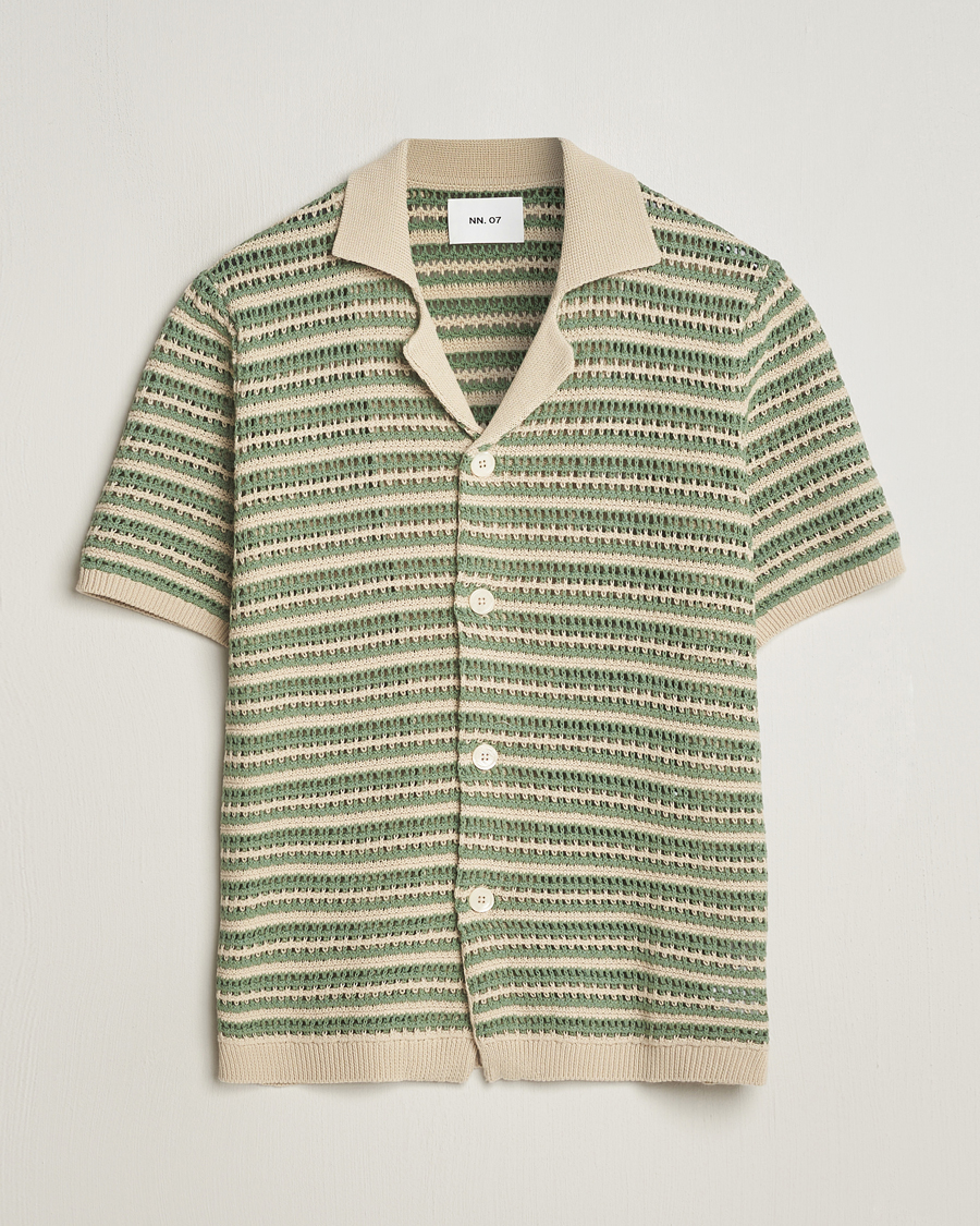 Homme | Chemises | NN07 | Henry Knitted Striped Short Shleeve Shirt Ecru/Green