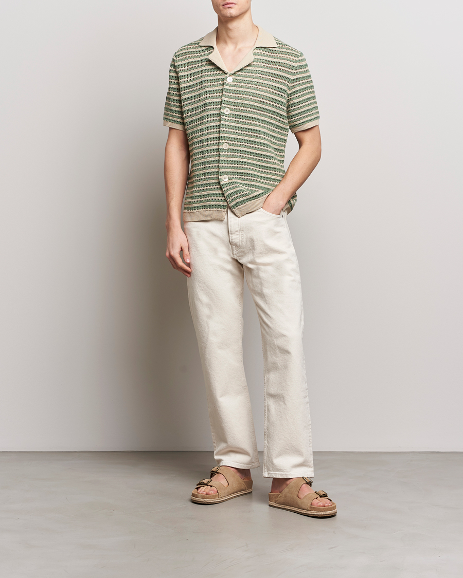 Homme | Chemises | NN07 | Henry Knitted Striped Short Shleeve Shirt Ecru/Green