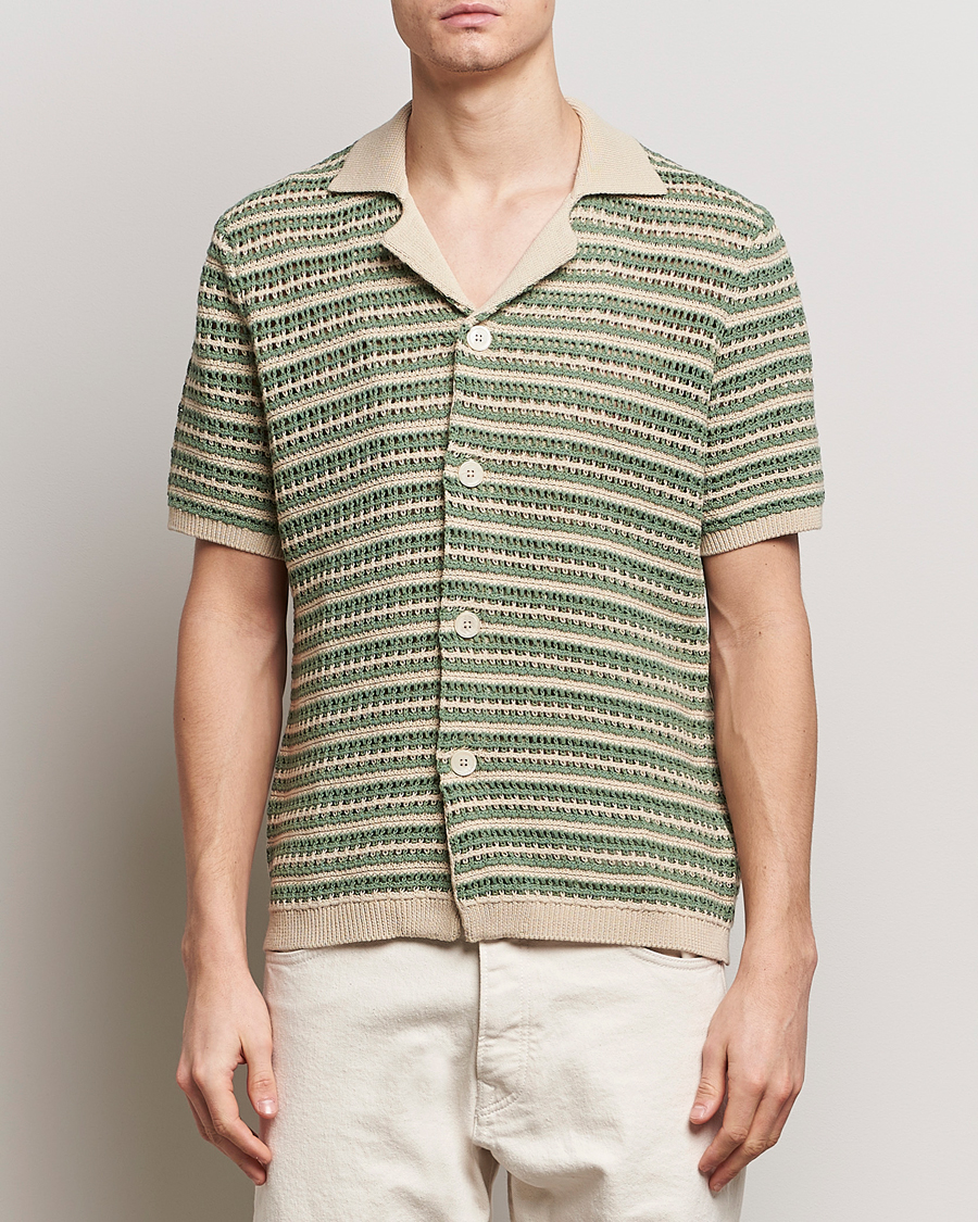 Homme | Chemises | NN07 | Henry Knitted Striped Short Shleeve Shirt Ecru/Green