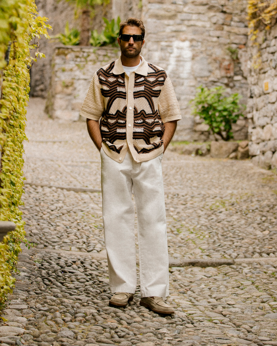 Homme | Chemises | NN07 | Nolan Croche Knitted Short Sleeve Shirt Ecru