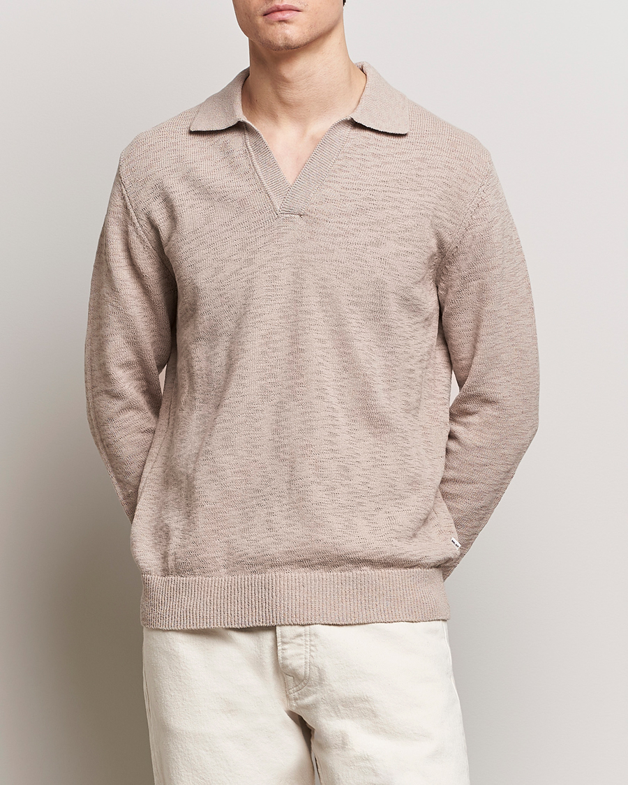 Homme | Polos Tricotés | NN07 | Ryan Long Sleeve Open Collar Knitted Polo Khaki Stone