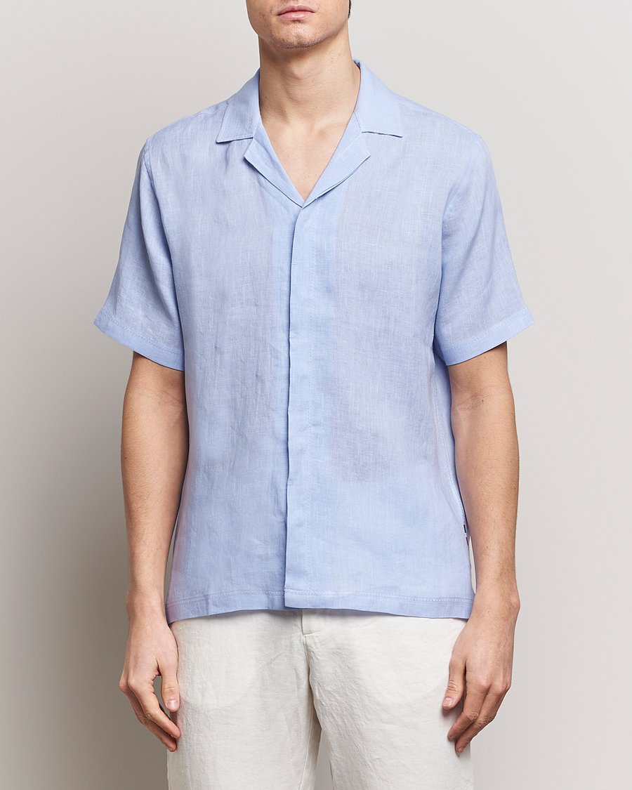 Homme | Best of British | Orlebar Brown | Maitan Short Sleeve Linen Shirt Soft Blue