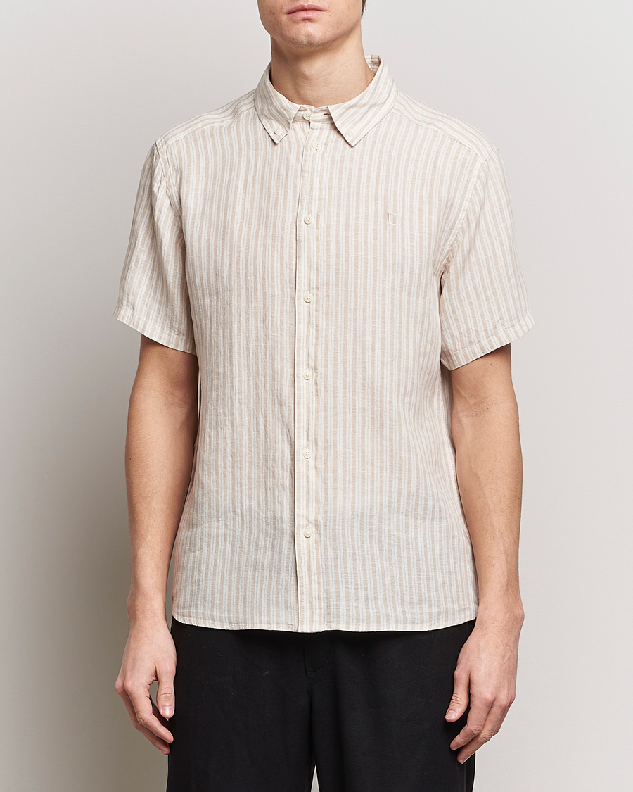 Homme | Vêtements | LES DEUX | Kris Linen Striped Short Sleeve Shirt Sand/Ivory