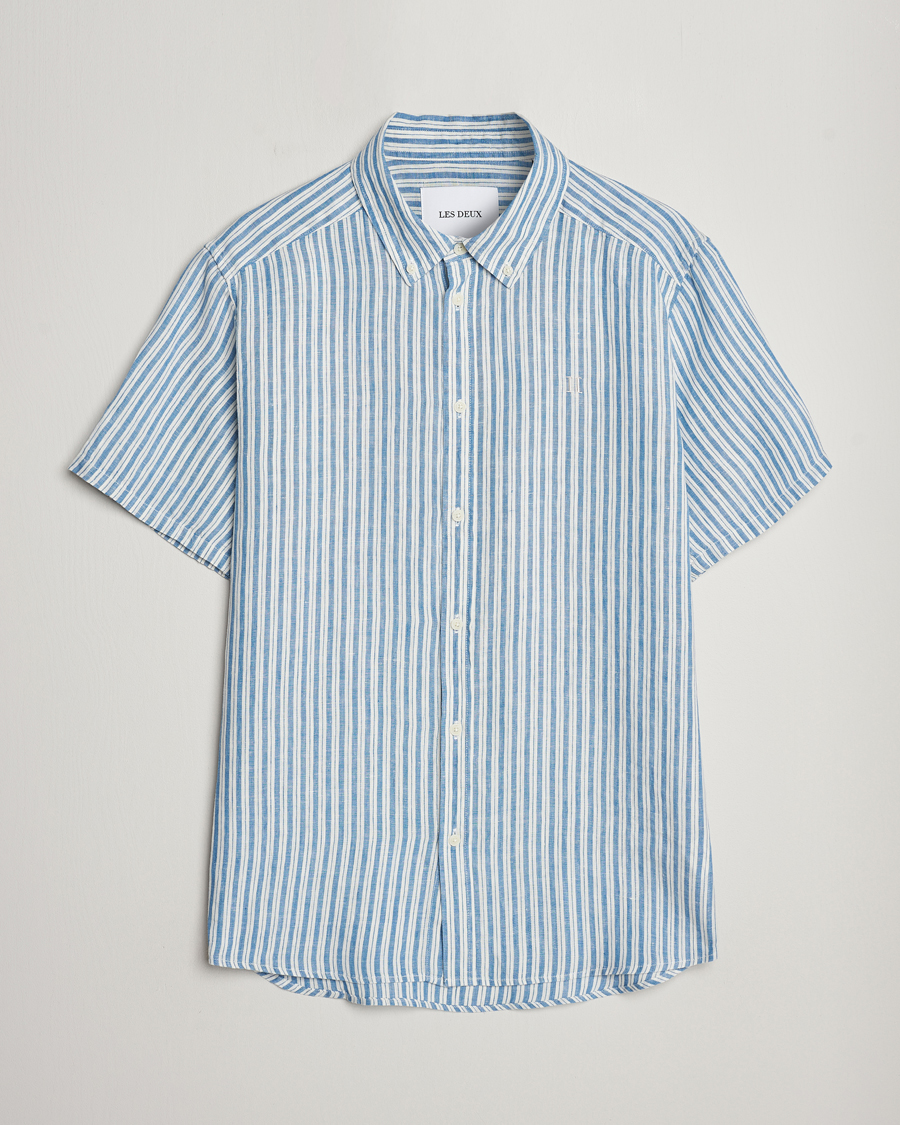 Homme | Chemises | LES DEUX | Kris Linen Striped Short Sleeve Shirt Blue/Ivory