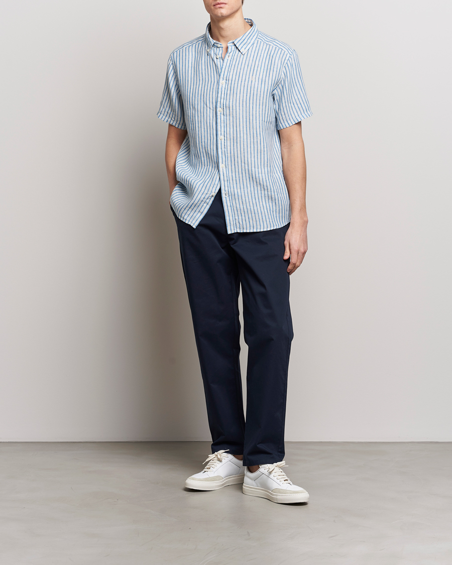 Homme | Chemises | LES DEUX | Kris Linen Striped Short Sleeve Shirt Blue/Ivory
