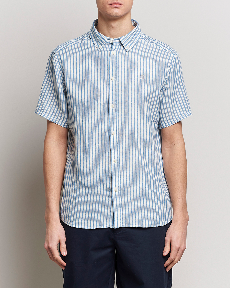 Homme | Chemises | LES DEUX | Kris Linen Striped Short Sleeve Shirt Blue/Ivory