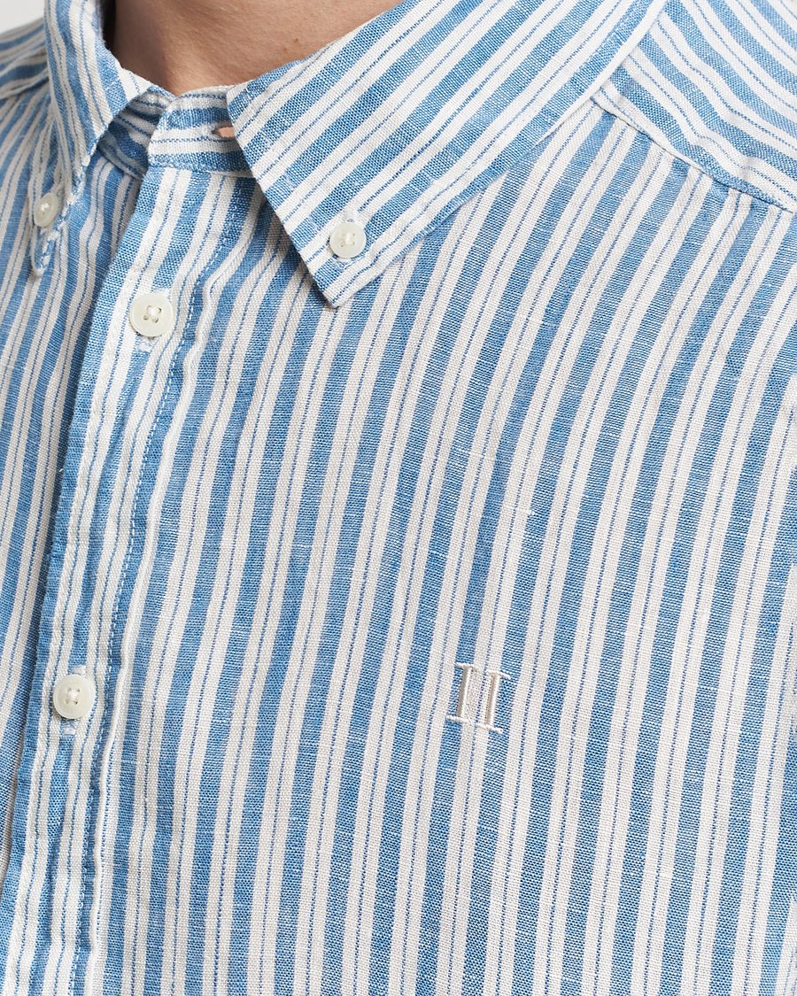 Homme | Chemises | LES DEUX | Kris Linen Striped Short Sleeve Shirt Blue/Ivory